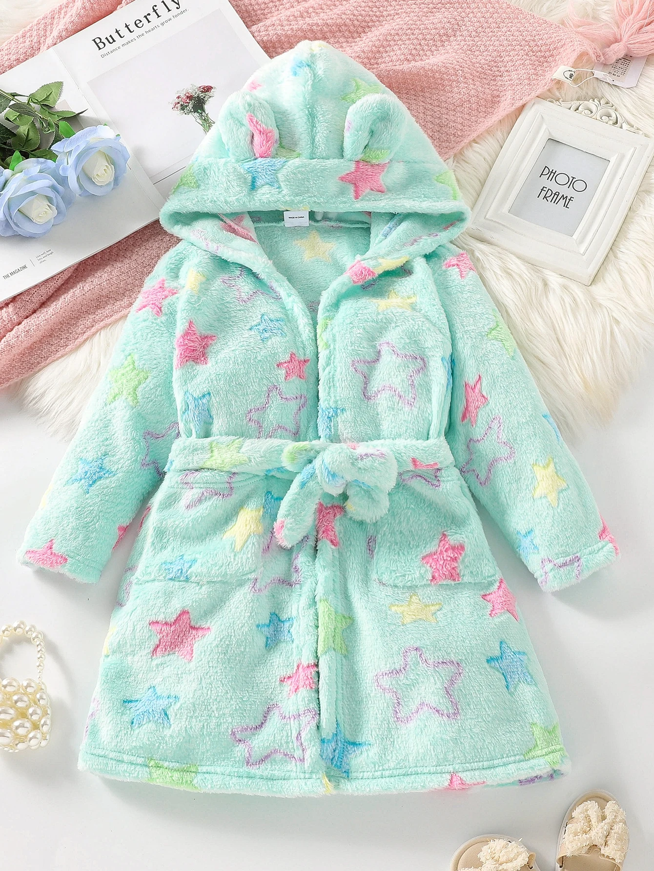 Unisex Children's Hooded Bathrobe Mint Green Colorful Stars Fluffy Soft Skin-friendly Warm Comfortable for Autumn Winter
