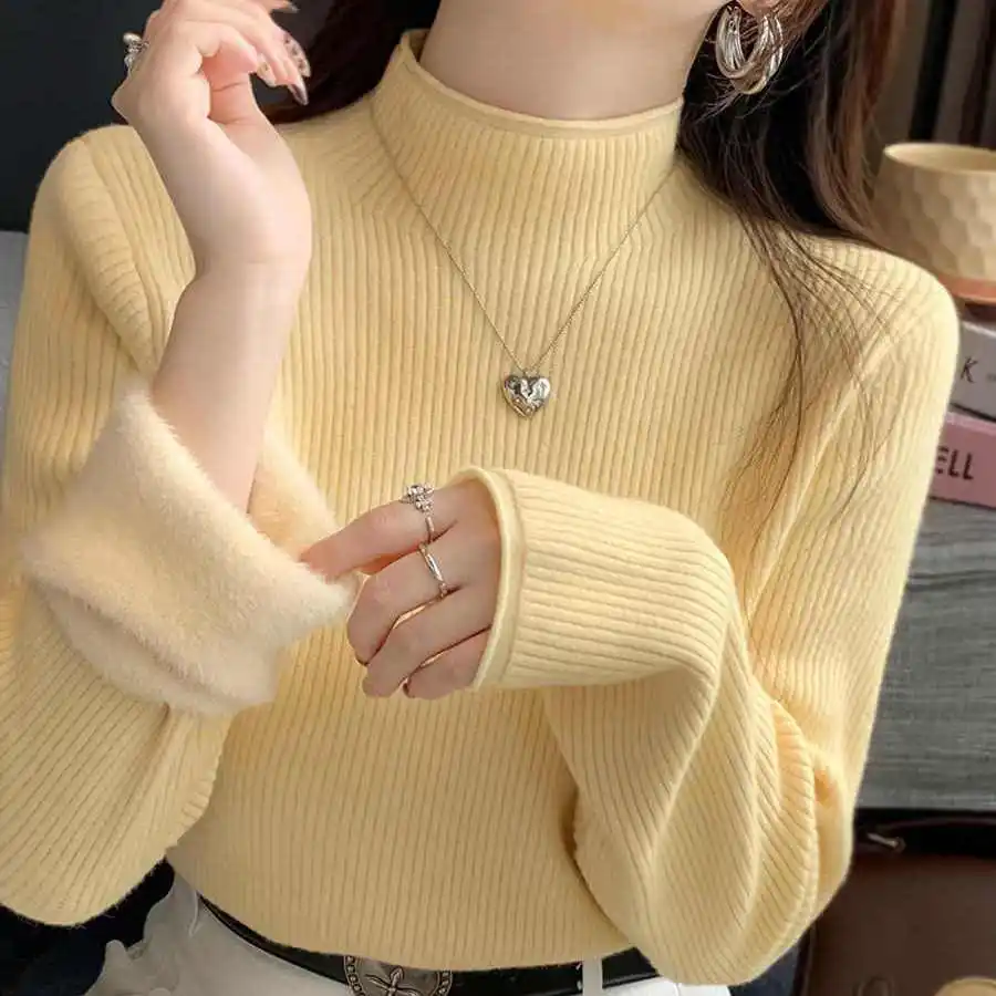 

One-piece Mink Velvet Turtleneck Velvet Thickened Sweater Women's Warm Inner Velvet Knitted Bottoming Shirt Pullover Slim Jumper