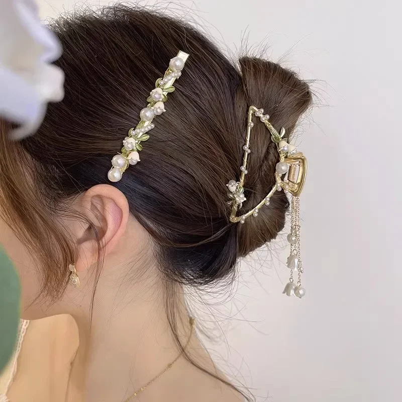 女性用の大きな模造パールヘアクリップ,センスタイル,ヘッドバック,ベルオーナメント,蘭,サメ,ヘアアクセサリー,1個