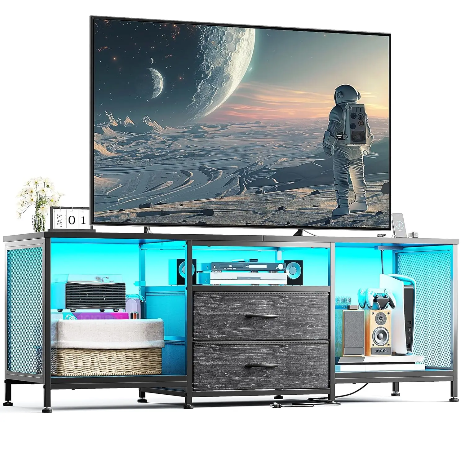 55" W TV Stand for for 55/60/65 inch TV, Entertainment Center with LED Lights & Power Outlets, TV Media Console Table with 2 Dra