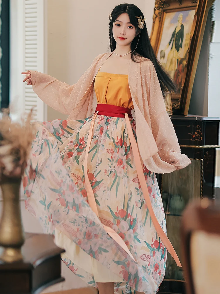 

Chinese Traditional Women's Hanfu Fairy Floral Prints Summer Dress Daily Wearable Long Dress Ancient Cosplay Costume
