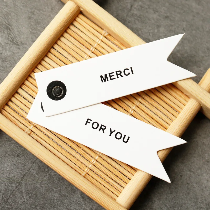 50pcs White Paper Gift Hang Tags Merci Thank You Paper Label for Price Tag Gift Box Tags with Hemp String Handmade Party Favors