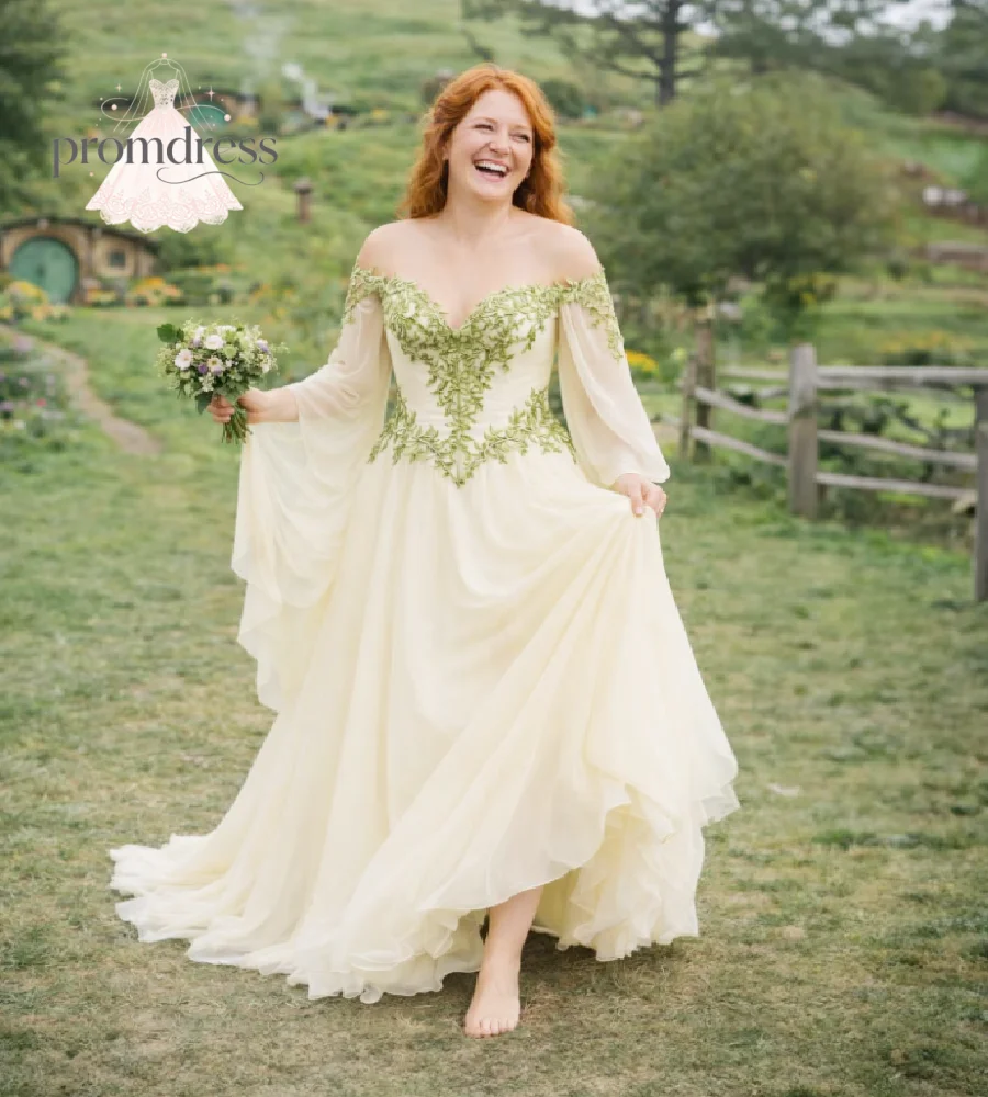 Off Shoulder Fairy Forest Wedding Dress Cream Ivory Green Leaf Lace Appliques Bishop Long Sleeves A Line Flowy Bride Customized