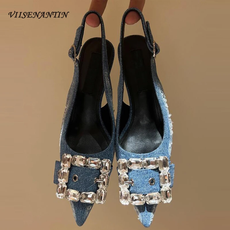 

Retro Women Denim Sandal Shoes Pointy Toe Diamond Buckle Decor Slingback Sapatos Mujer Luxury Brand Name 2023 Women Trend Shoe