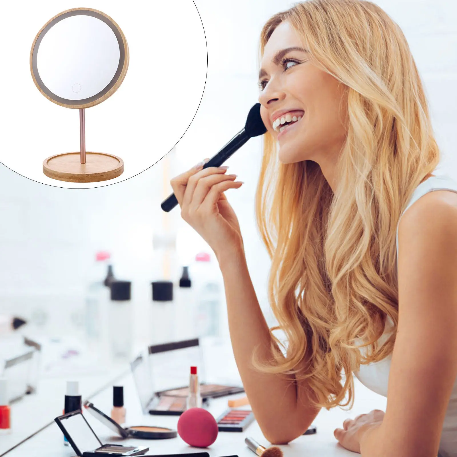 

1Pcs Wooden Tabletop Makeup Mirror LED Illuminated Touch Function High Clarity Surface 90 Degree Swivel for Precision