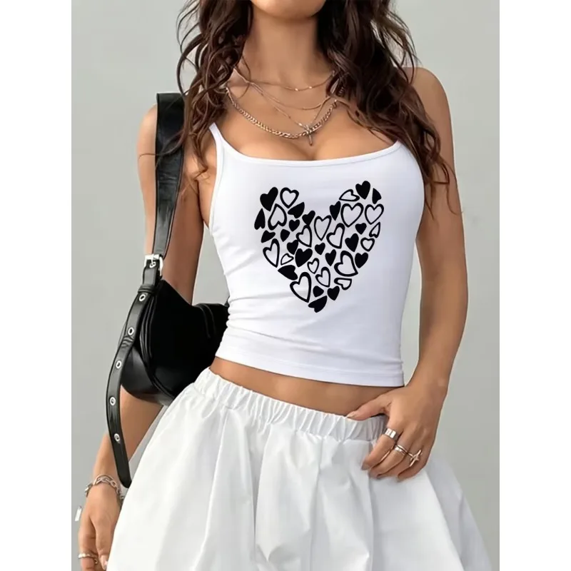 Casual Women Spaghetti Strap Tank Top Leopard Heart Slogan Print Sleeveless Camisole Y2K Aesthetic Holiday Daily Wear Vest Tops