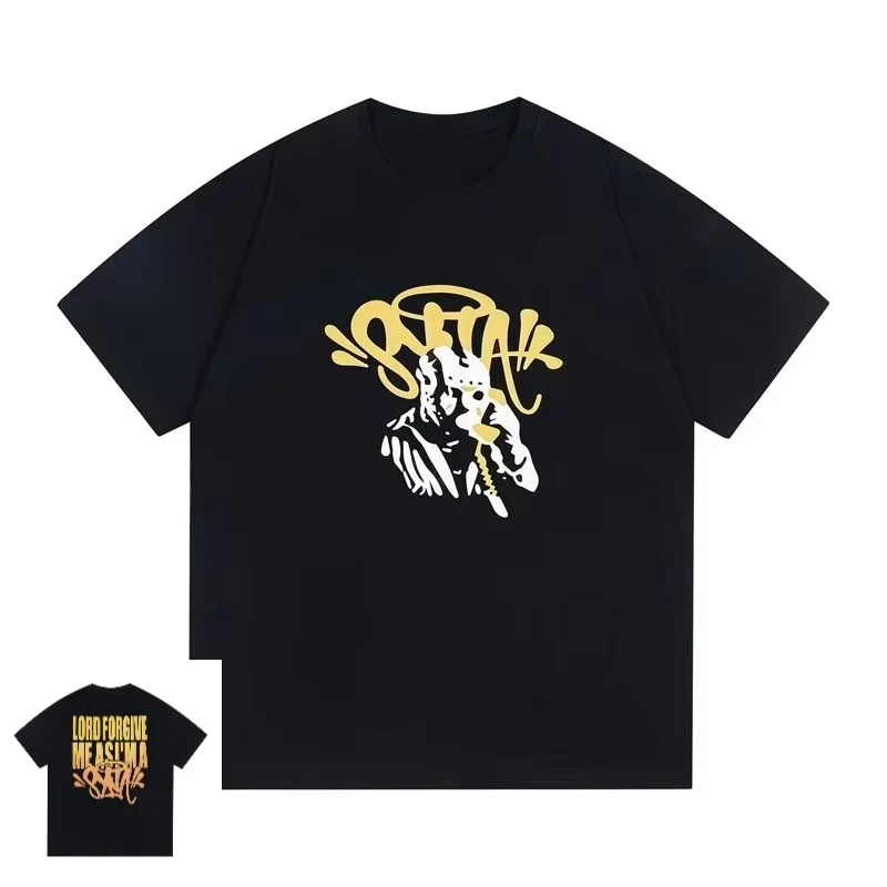 

2025 New Synaworld Drill Sleeve Graphic Tee T-Shirt American Hip Hop Print Couples Streetwear 100% Cotton Oversized Short tops
