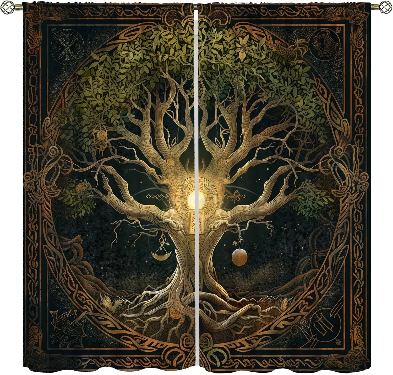 Viking Tree Curtains: Retro Rural Nordic Mythology,Tree of Life Windows Treatments with Rod Pocket Drapes for Boys' Room Bedroom