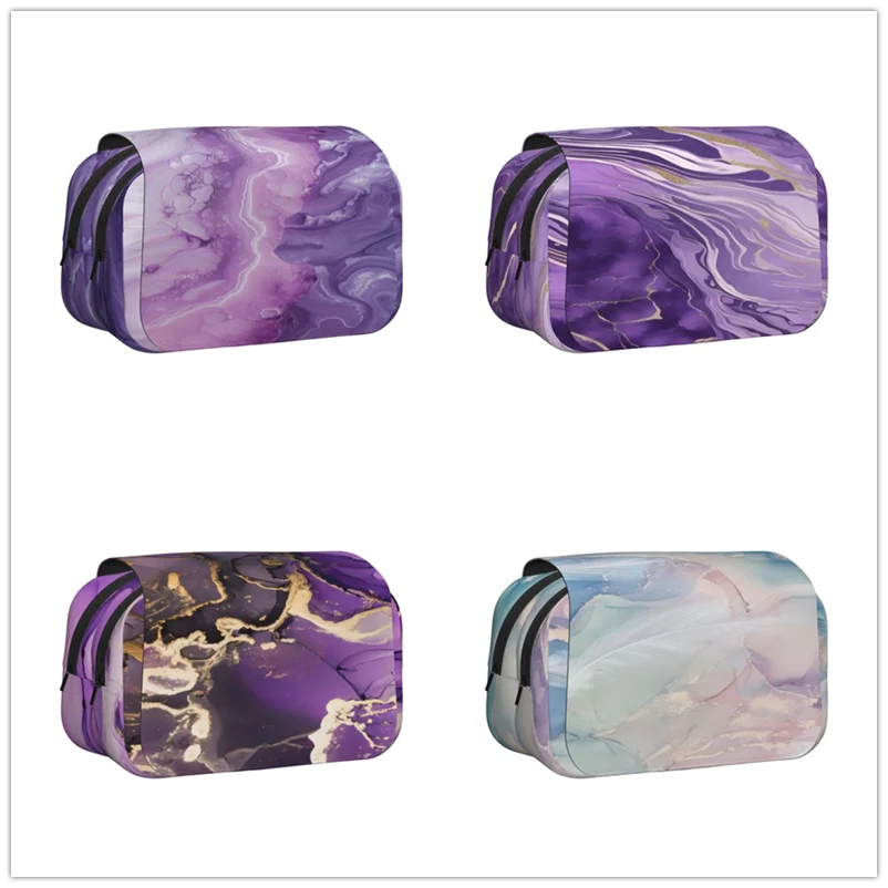 

Double Layer Flip Pencil Bag School Supplies Children's Pencil Box Storage Cosmetic Bag Gift Purple Marble