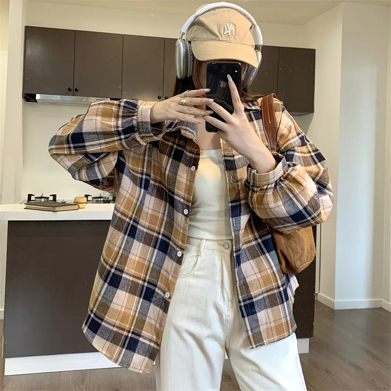 Flannel Plaid Shirt for Women Long Sleeve Collared Button Down Shirt Blouse Top Casual Boyfriend Check Shirts Fall Winter