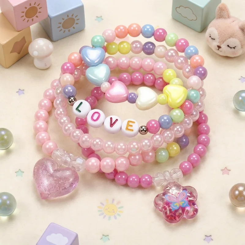 5pcs Set Sweet Exquisite Pastel Pink Heart Butterfly LOVE Letter Bead Stack Stretch Bracelets for Women Kids Beach Jewelry Sets