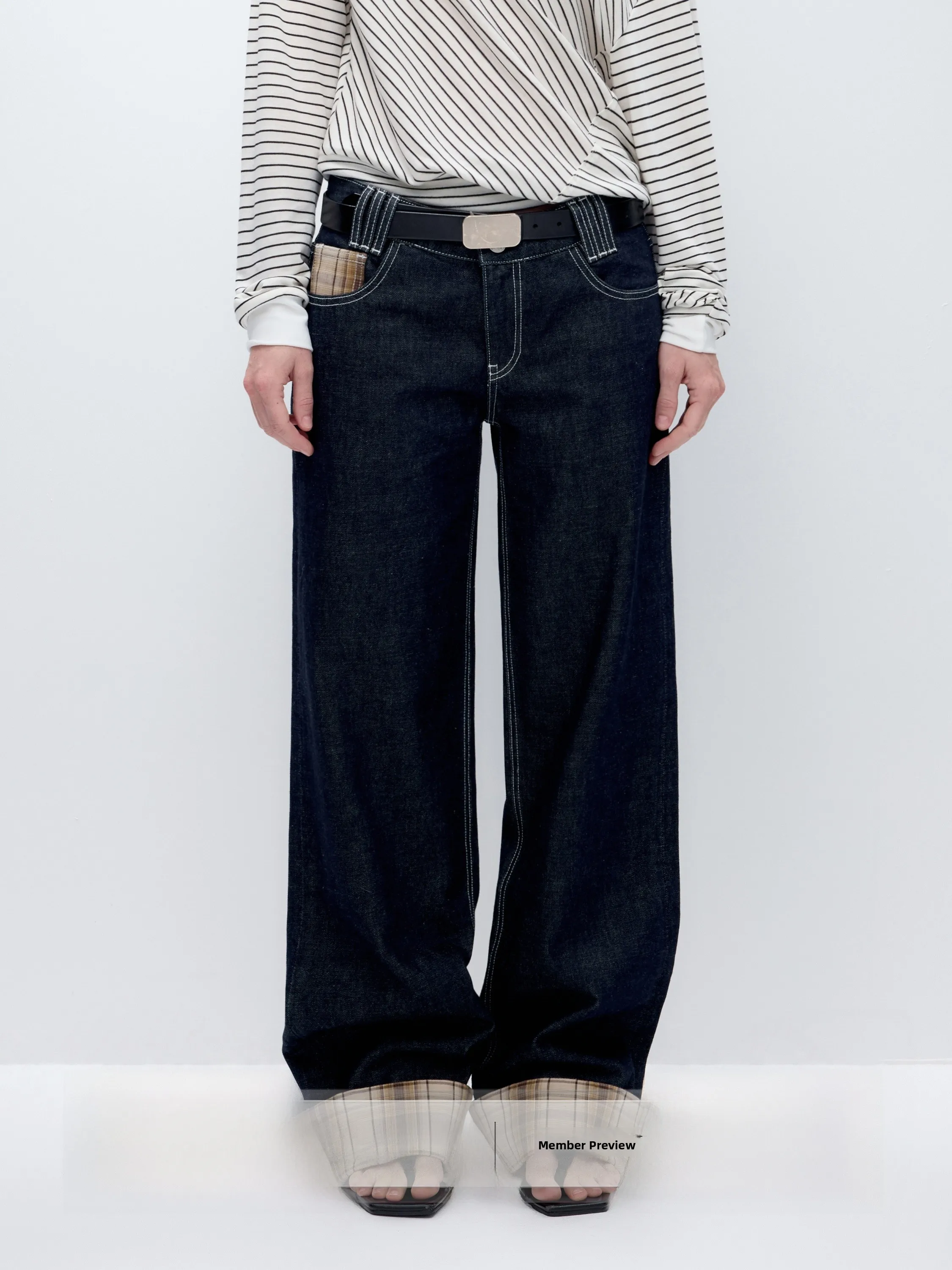 

Ретро темно-синие клетчатые джинсы со средней и низкой талией из чистого хлопка, оригинальные джинсы с прямыми штанинами, длинные брюки, повседневные широкие джинсы с водной талией