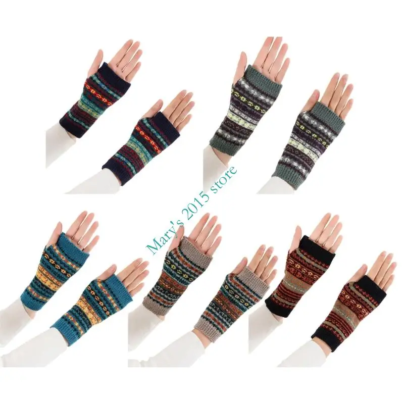 Bohemian Pattern Fingerless Acrylic Gloves Adult Student Cold-Weather Typing Gloves with Long Ribbed Wrist Coverage for Daily