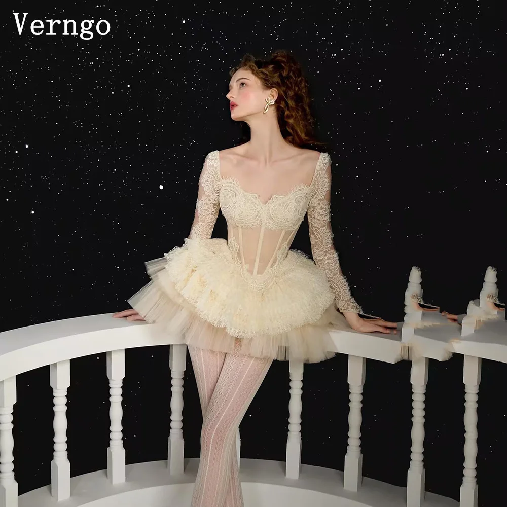 

Verngo Champange Lace Mini Prom Gown Sweetheart A Line Full Sleeves Short Birthday Party Dress Bone Slim Prom Dress Customized