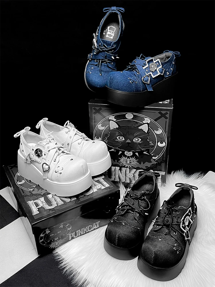 Japanese Retro Skull Original Single Shoe Punk Style Thick Sole With Raised Subculture Y2k Spicy Girl Lolita Women's Denim Shoes