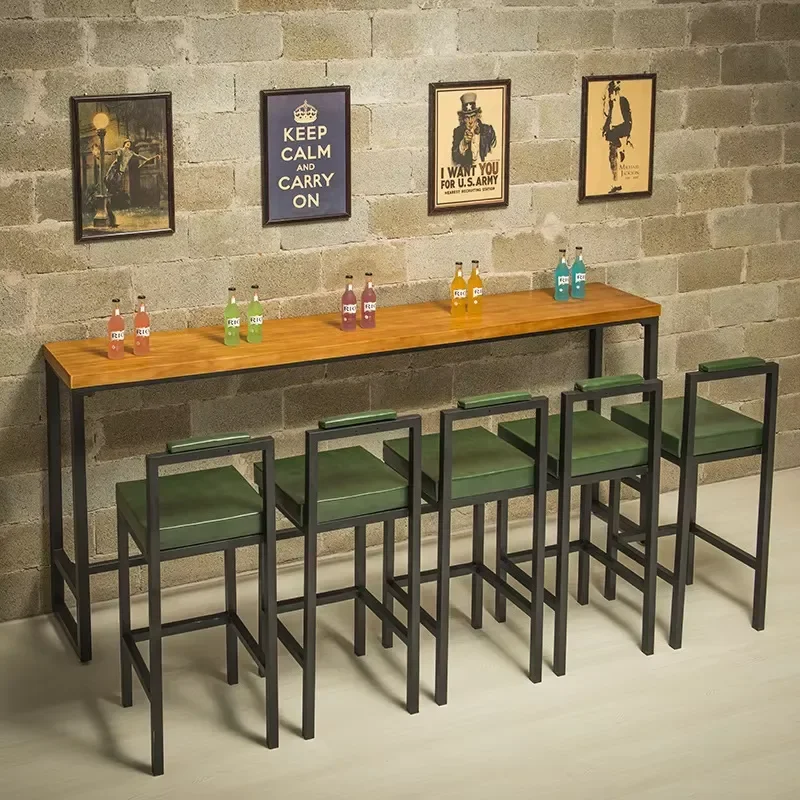 Nordic Cafe Coffee Shop Furniture Industrial bar Stool Vintage Wood Top with Metal Base High bar Chair and Table Set