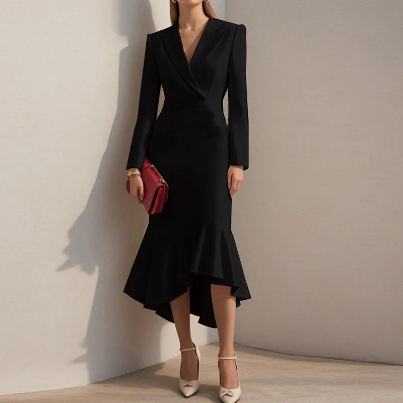 Neue Elegante Frauen Kleid V-ausschnitt Langarm Büro Dame Kleider Für Frauen Mode Einfarbig Meerjungfrau, Figurbetontes Kleid