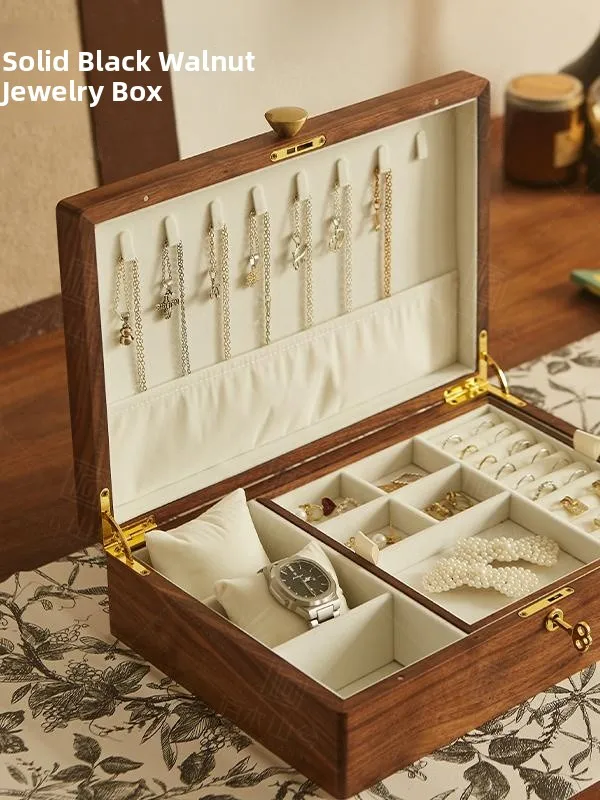 Handmade Walnut Wood Jewelry Box Storage Organizer Vintage Style Lockable Drawer Design Gold Plated Accessories Case
