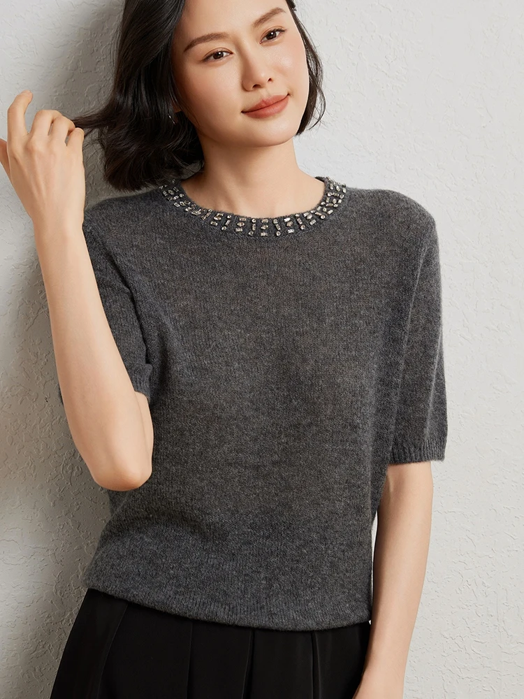 

2025 Tencel Cashmere Sweater Round Neck Diamond Studded Women's Knitted Sweater Elegant Temperament Women's Top