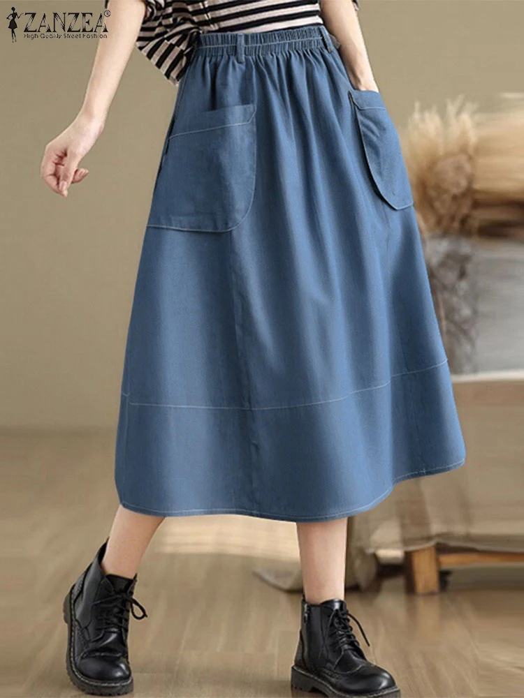 ZANZEA Vrouwen Vintage Denim Rokken 2025, Zomer Hoge Taille Zakken Effen Kleur Lange Rokken Casual Losse A-lijn Oversized Rokken