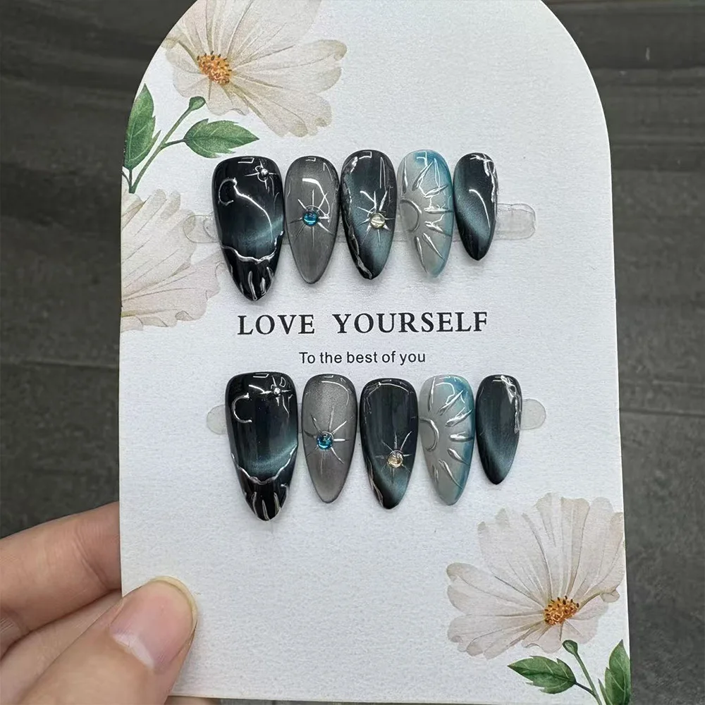 Gentle French Cat Eyes Butterfly Pearl Diamond Press-On Nails Black Retro Cool Sun Almond Ellipse Fake Nail Party Accessories