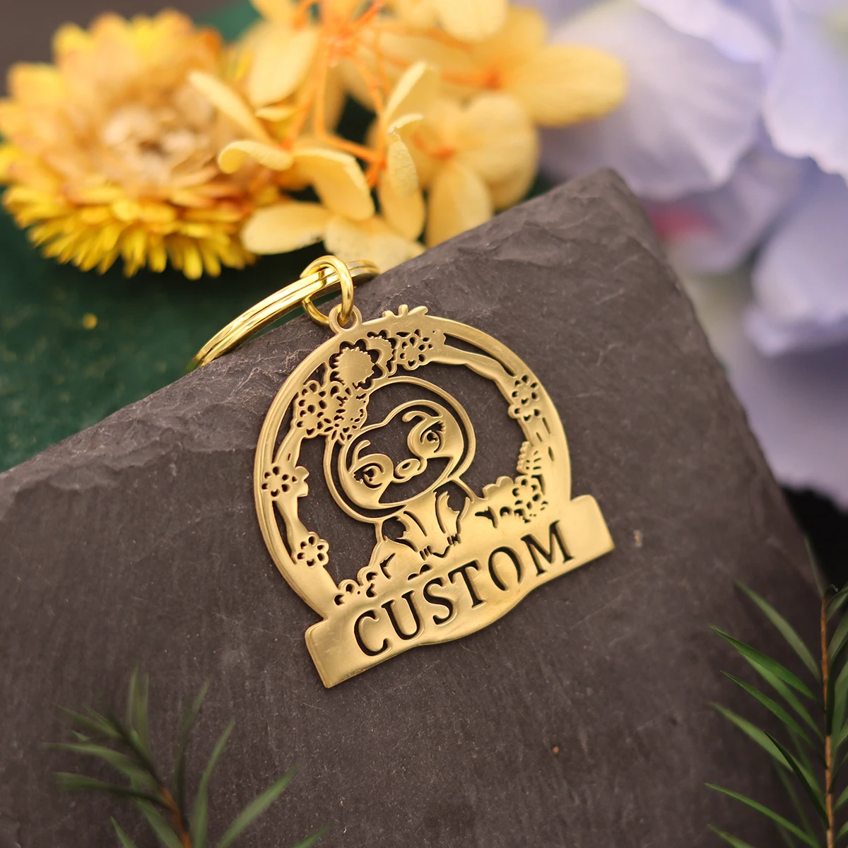 QIAMNI Cute Penguin Keychain Lovely Animal Custom Name Key Chain For Women Men DIY Handmade Gift Stainless Steel Flower Keyring