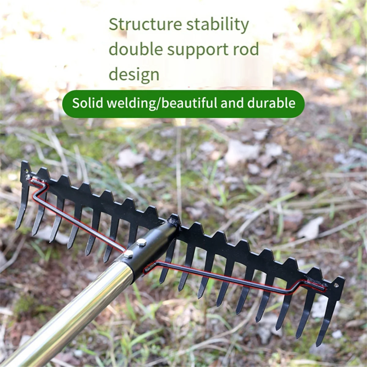 Bow Rake Heavy Duty Garden Rake 17 Steel Tines Metal Head Rake Tool for Loosening Soil Gathering Leaf Leveling Lawn