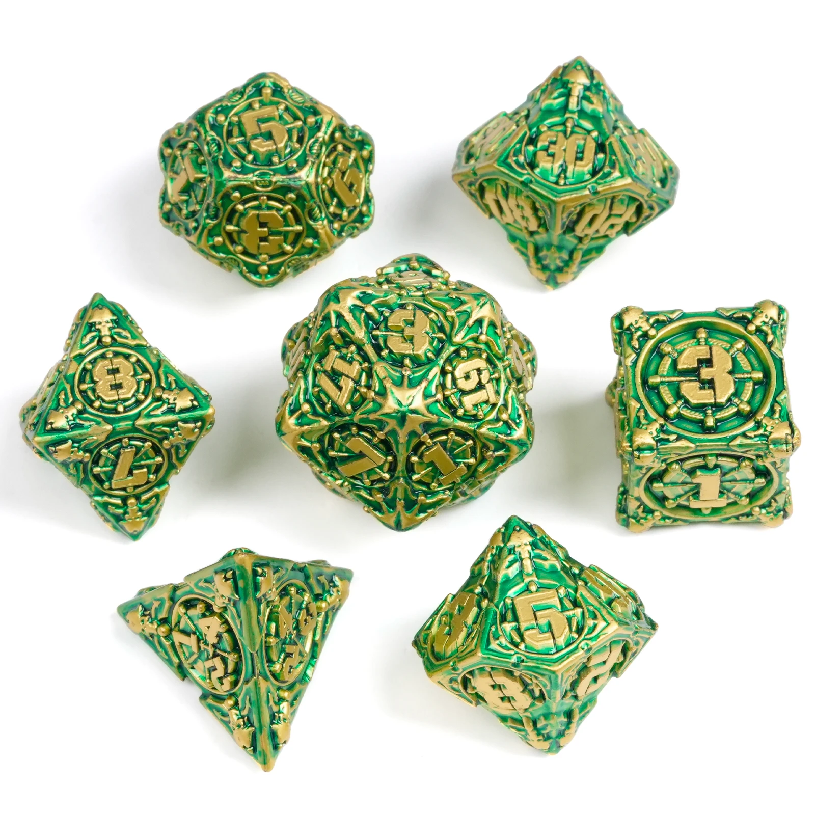 

Gold-Green 7pcs DND Metal Dice Set Multi-sided Polyhedral Dice for D&D Game COC Role Playing Board Table Game Math Tabletop RPG