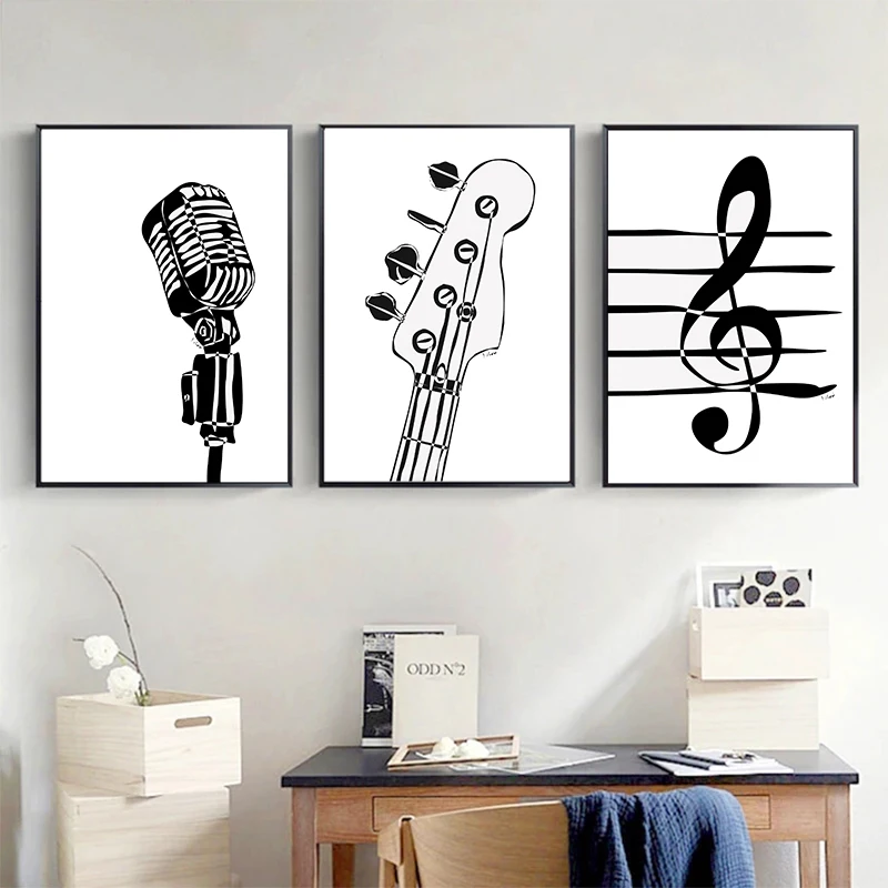 Living Room Decor Black and White Piano Keys Note Violin Guitar with Adorable Cat Canvas Prints