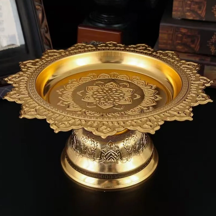 

Buddhist-Style Fruit Tray,Alloy Auspicious Engraving Flower Shape Texture Home Cheese Food Plate,Altars Disc Table Decoration