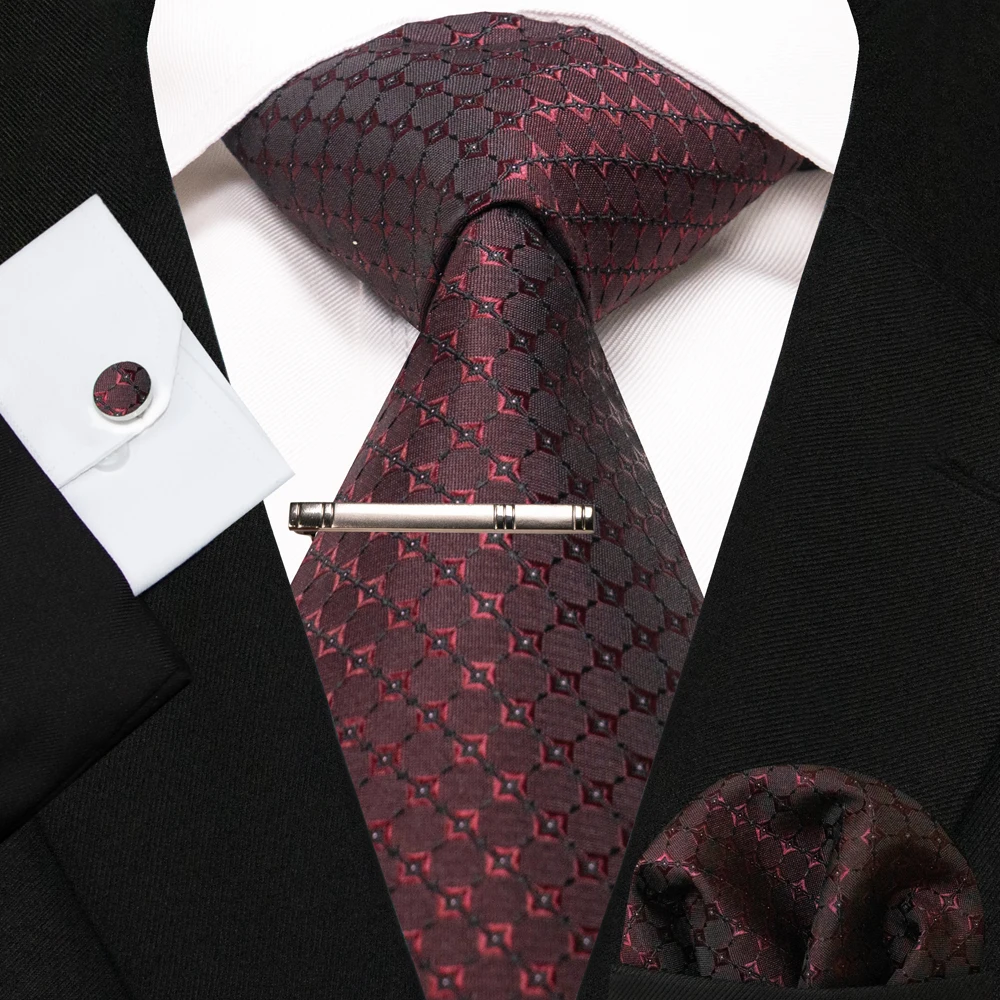 2023 New Dark Red Plaid Silk Ties for Men Classic 8cm Business Wedding Neck Ties Pocket Square Cufflinks Tie clip Gift