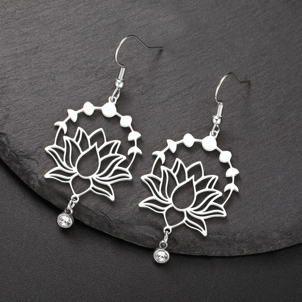 Dawapara Mondphase Lotusblume baumelnde Ohrringe Bohemian klar Zirkon Lotus Yoga spiritueller Schmuck Edelstahl Ohrringe – Detail 14