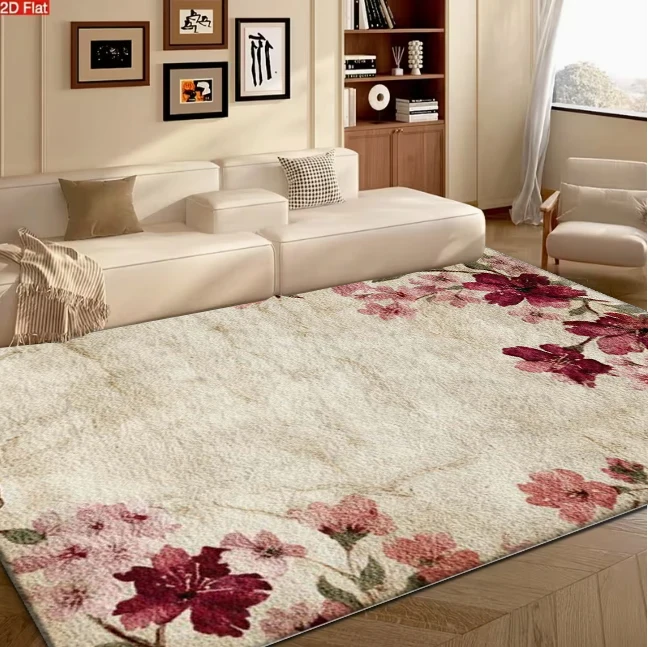 Vintage Paper Texture Pink Red Cherry Blossom Floral Corner Area Rug Shabby Chic carpet flooring for Bedroom Home
