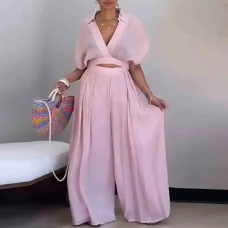 

Летний женский комплект с отложным воротником, блузка с короткими рукавами, топ и широкие брюки, женский повседневный комплект из 2 предметов, 2025 г.