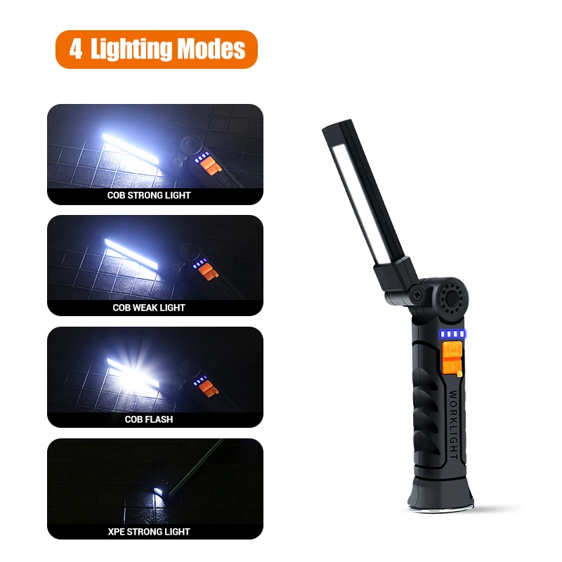 Magnetic LED Work Flashlight USB Rechargeable Torch 360° Swivel Base Hands-Free Repair Lantern with Hook for Mechanic Garage Use