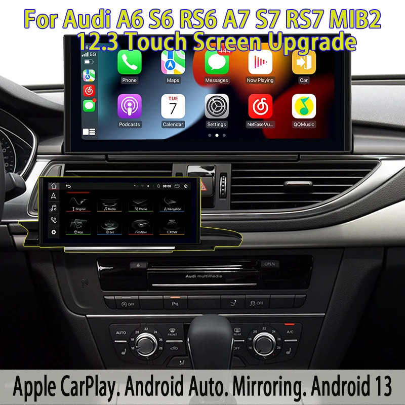 12.3″ Touch Screen Upgrade For Audi A6 S6 RS6 A7 S7 RS7 MIB2 Wireless Apple CarPlay Android Auto Screen Mirroring Android 13
