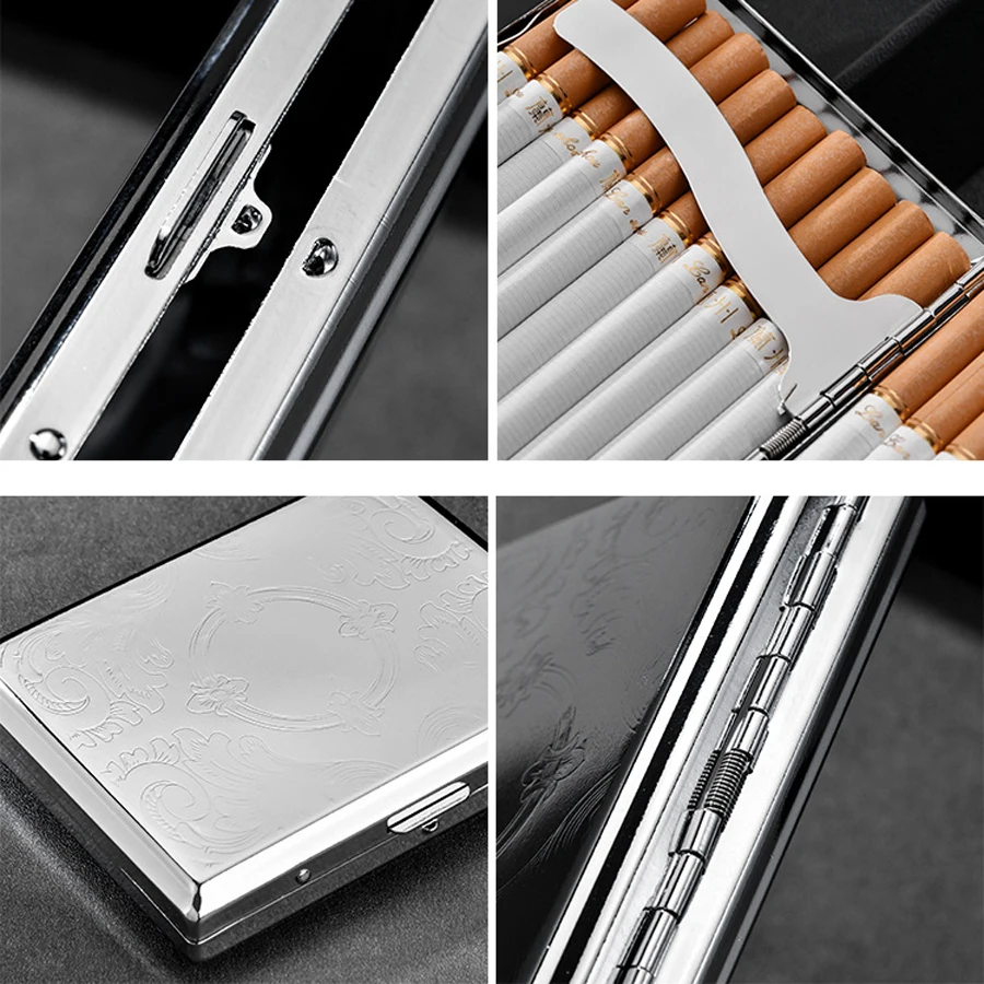 20-Cigarette （Freeform）Silver Stainless Steel Portable Metal Cigarette Case Flip Open Storage Box Travel Outdoor Smoking ( view 4