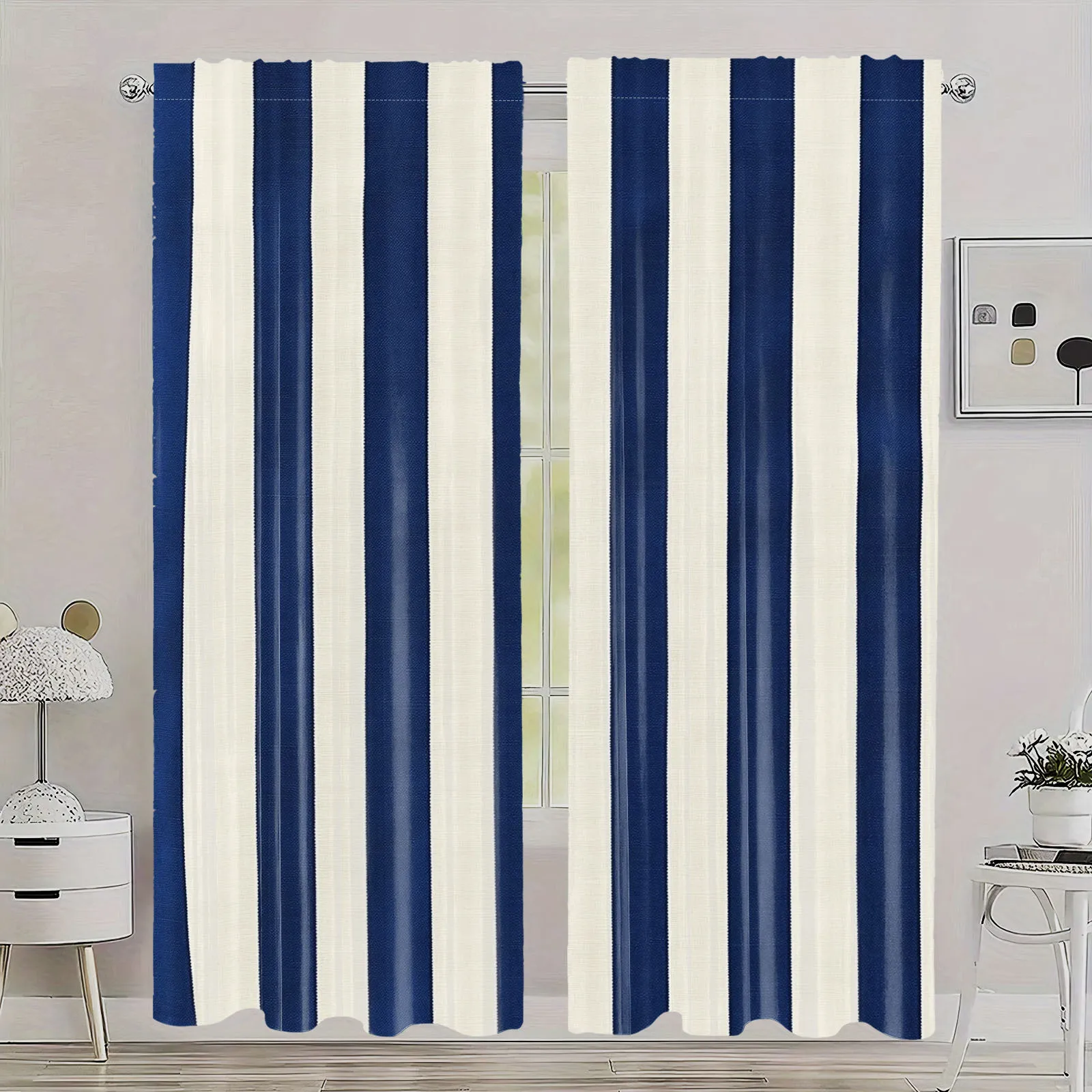 

2pc Modern Living Room Curtains Blue and Beige Stripe Curtain Blackout Thermal Curtains for Home Decoration Style Window Cover