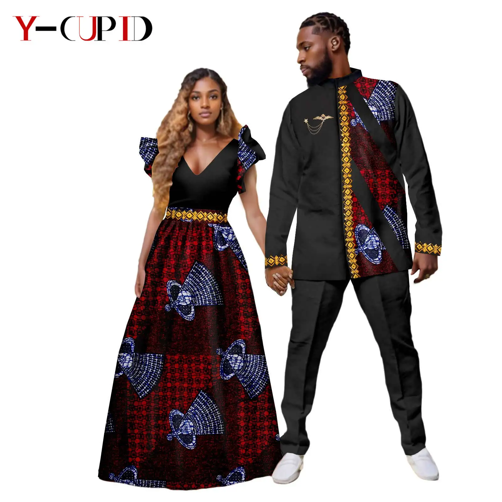 African Print Princess Dresses for Women Matching Couple Clothes Men Appliques Outfits Top and Pant Sets Dashiki Party 24C089