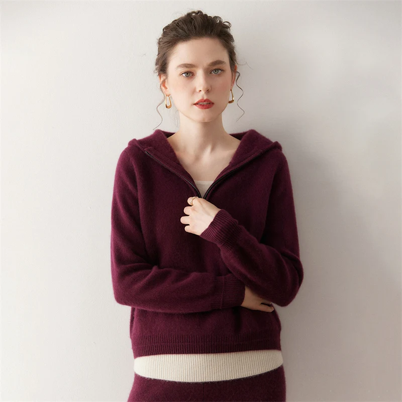 

MVLYFLRT Women's Thick Double-Layer Hooded Pullover 100% Cashmere Warm Tops Casual Knitted Sweater Autumn and Winter