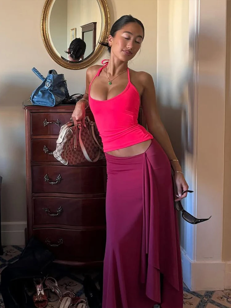 

InGrily Vacation однотонный комплект из двух предметов, женские топы на шнуровке с лямкой на шее и открытой спиной + юбки с кисточками, летние простые тонкие одинаковые костюмы