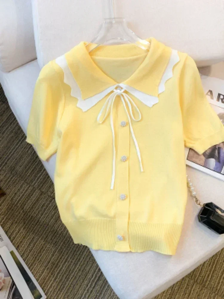 Women Short Sleeve With Lace Up Contrast Trim - Women Clothing Bow Tie T-shirt With Doll Neck And Ice Silk Knit Sweater Elegant