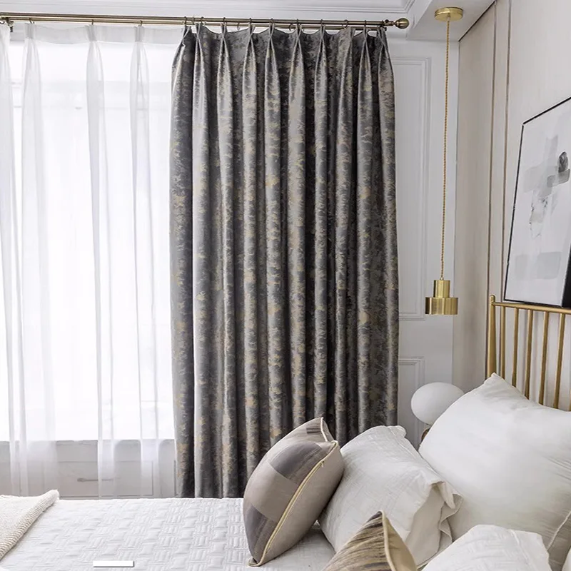 High-end Modern Luxury Velvet Curtains for Living Dining Room Bedroom Hot Stamping Gray Finished  Bay Window Shading