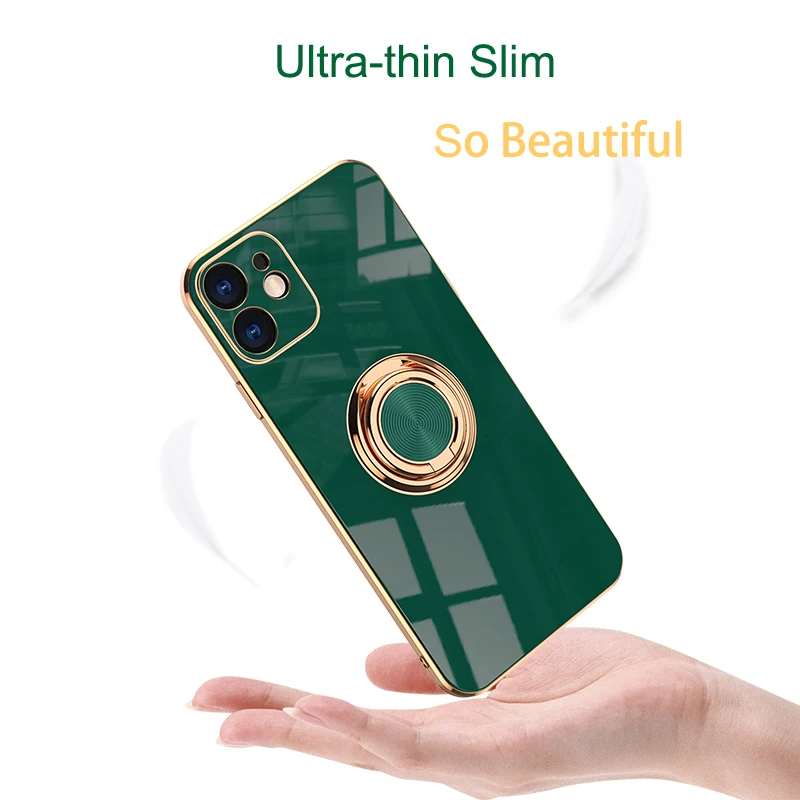 Luxury Plating Silicone Case For IPhone 15 14 13 12 11 Pro Xs Max Mini SE X XR 7 8 Plus Metal Ring Holder Stand Soft Phone Cover