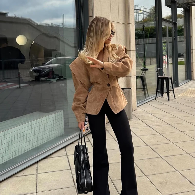 Wildleder Safari Stil Kurze Bomber Jacken Frauen Mode Stehen Kragen Epaulet Elastische Saum Taste Lose Mäntel Chic Damen Outer – Detail 22
