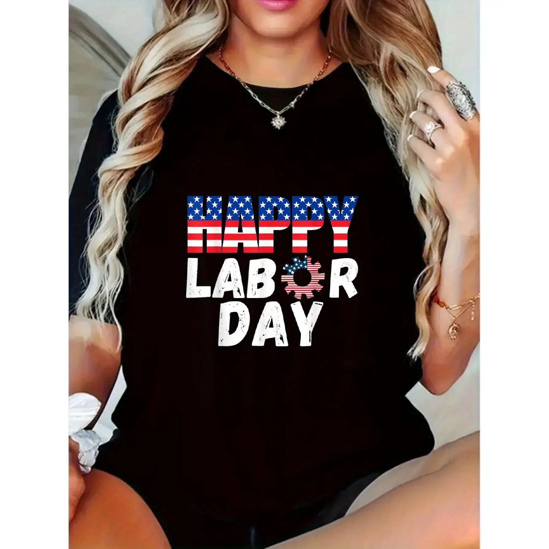 

Happy Labor Day T-Shirt American Flag Gear Print Tee Unisex Cotton Short Sleeve Top US Labor Day Celebration Gift