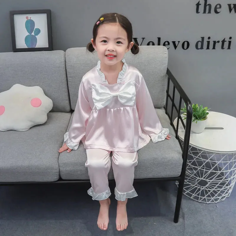 Sweet Cute Style Bow-knot Decoration Pajamas Girls\' Ice Silk Pajamas Set  Spring Autumn Homewear Home Long Sleeve Trousers