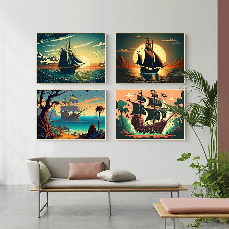 Pirate Ship Canvas Painting Watercolor Colorful Sailboat Prints And Posters Room Home Decor Gifts Aesthetic Art Wall Pictures