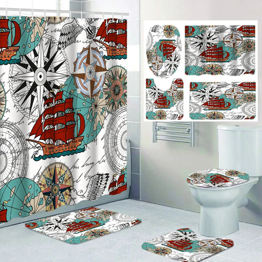 4-piece set of ship landscape pattern bathroom curtains, including shower curtains, bath mats, and U-shaped floor mats