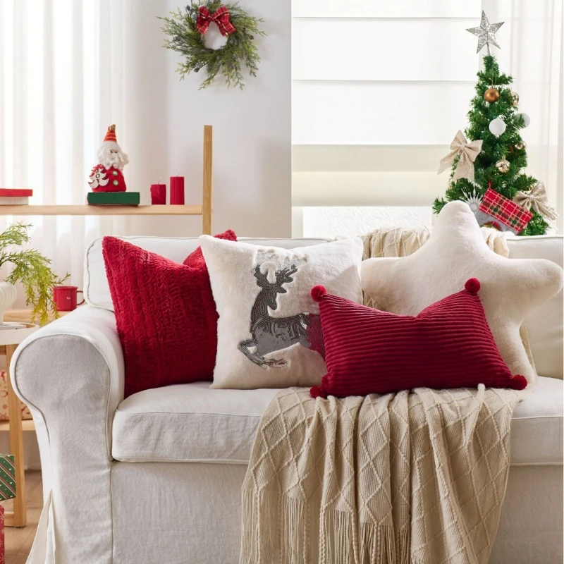 30X50/45X45CM Christmas Throw Pillow Cover Plaid Plush Stamping Waist Cushion Cover Decor Home Decorative Pillowcase